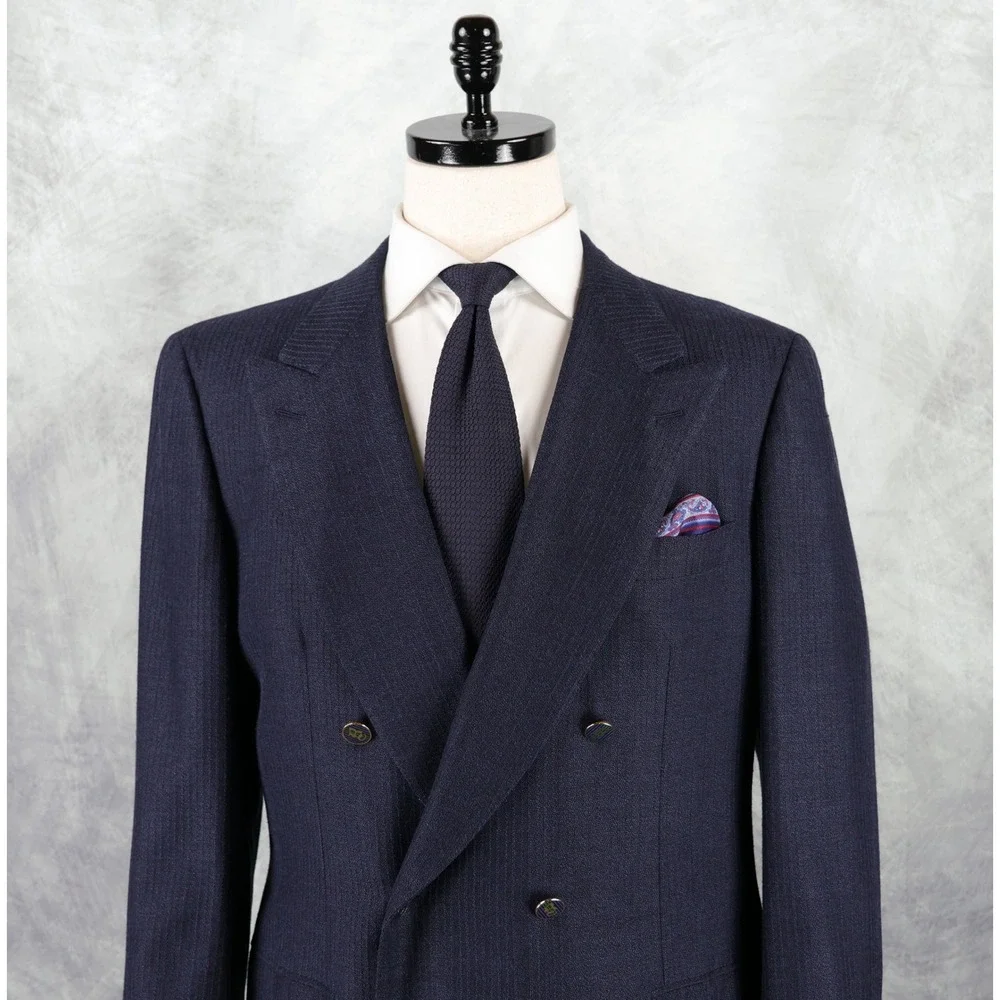 Brioni Blazer Mens 44R Navy Blue Double Breasted Peak Lapel Wool Silk Italy